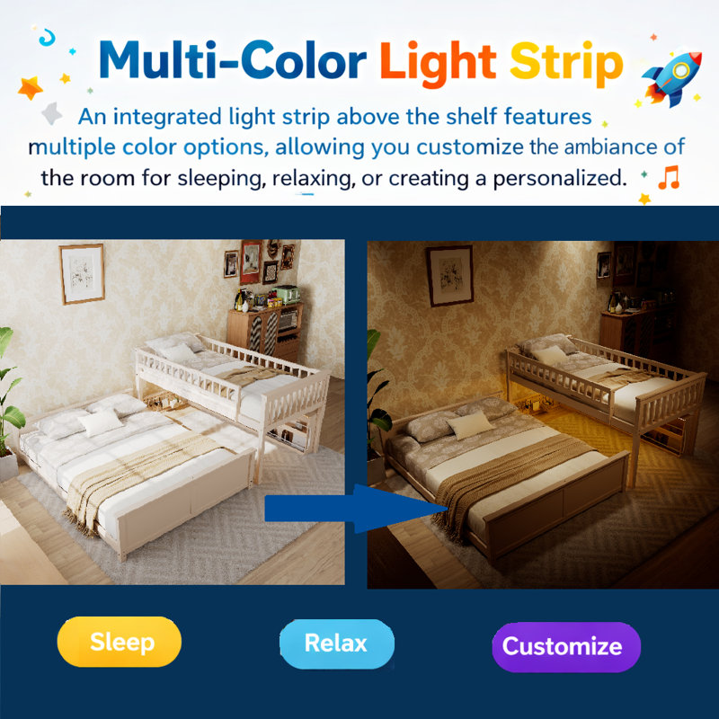 Full Xl Over Queen Bunk Bed With Led Lights & Shelving Storage, Beige, Full XL over Queen