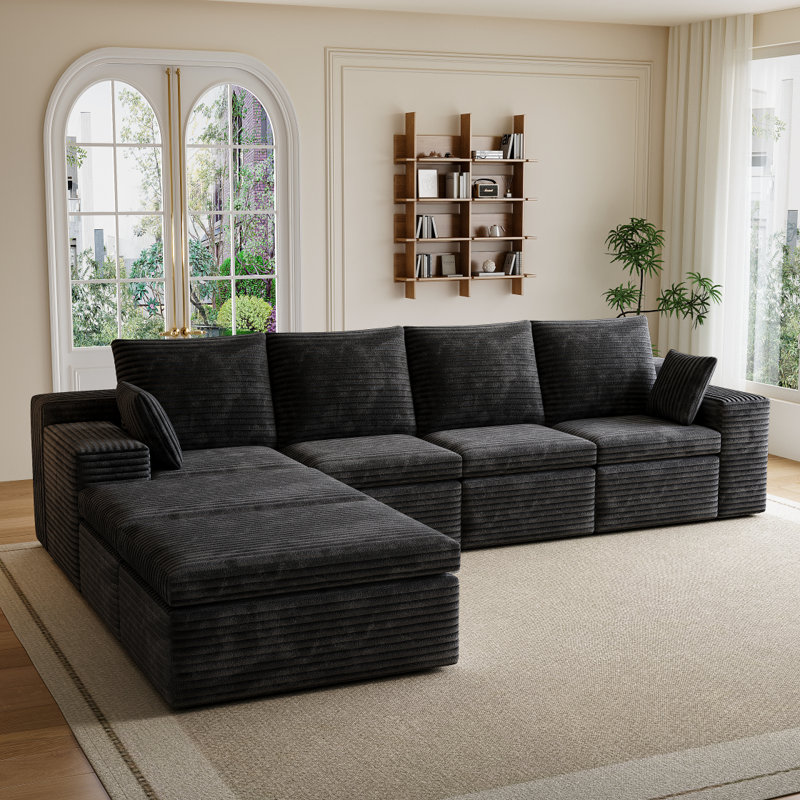Canapé modulaire en U en forme de U, canapé modulaire compressé en velours côtelé de style minimaliste moderne, canapé-lit pour le salon, la chambre à coucher, canapé-lit confortable Comfy Space-Efficient Design-Noir