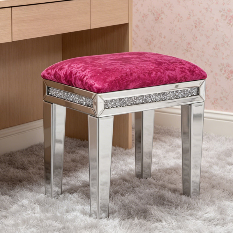 Mikayil Glass Mirrored Accent Stool Diamonds Vanity Stool, Pink