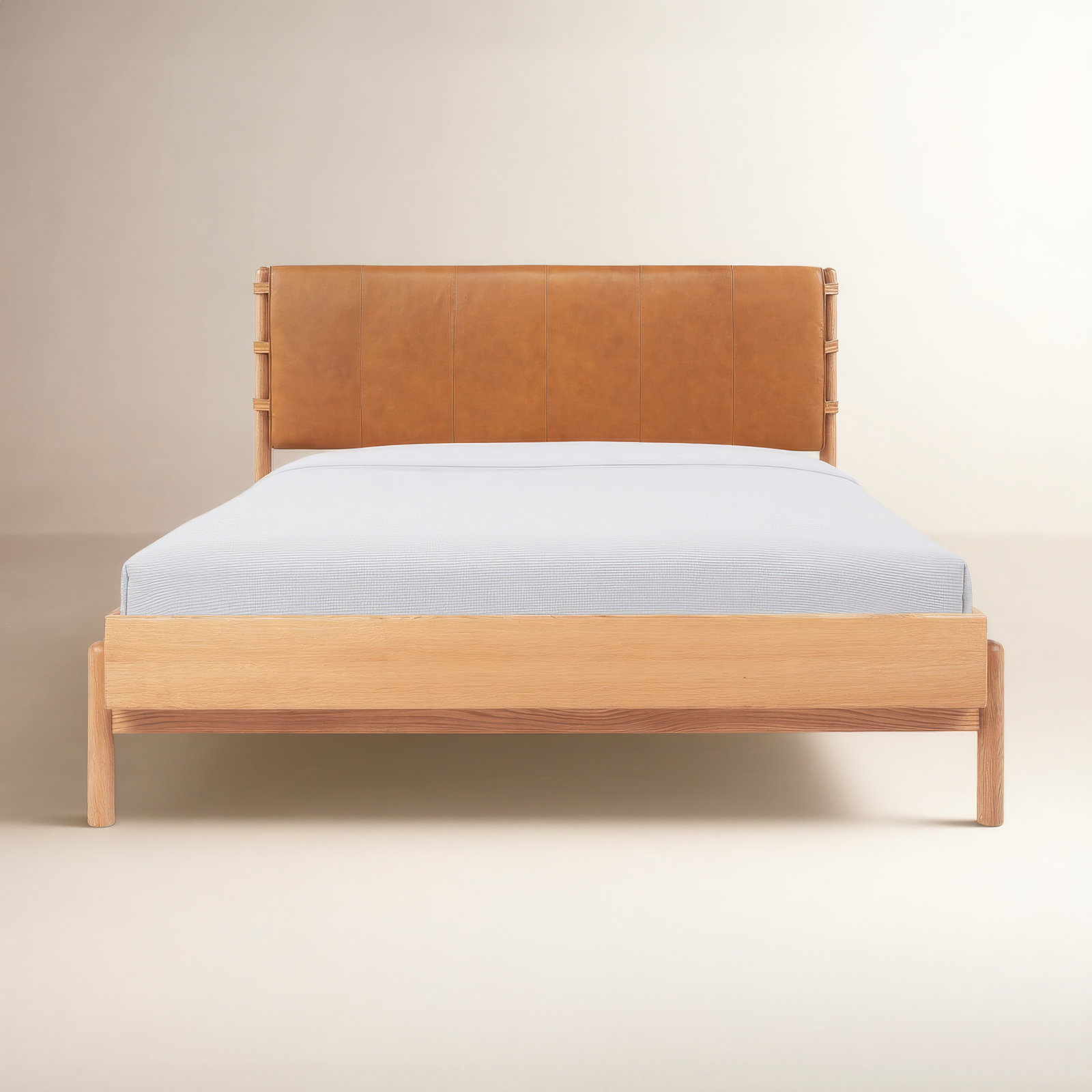 Marlana Genuine Leather Oak Bed, Queen