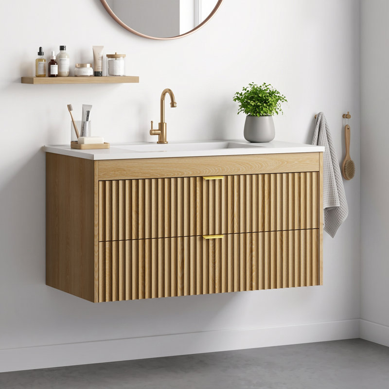 Meuble-lavabo autoportant à un lavabo de 90 cm avec comptoir beige en SMC, OAK, 35.4"