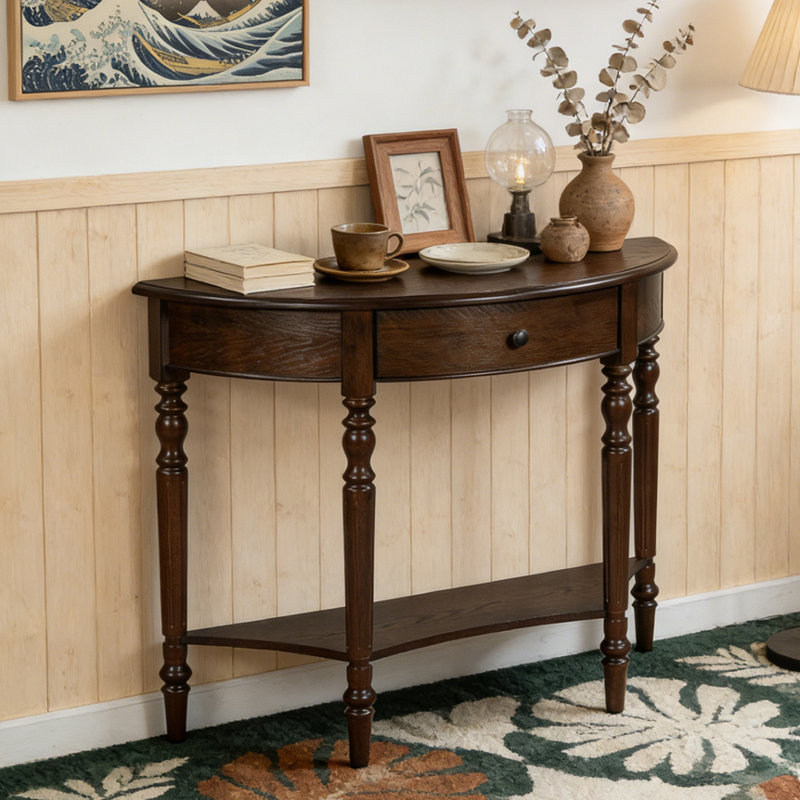 Console demi-lune avec tiroir et tablette, Espresso