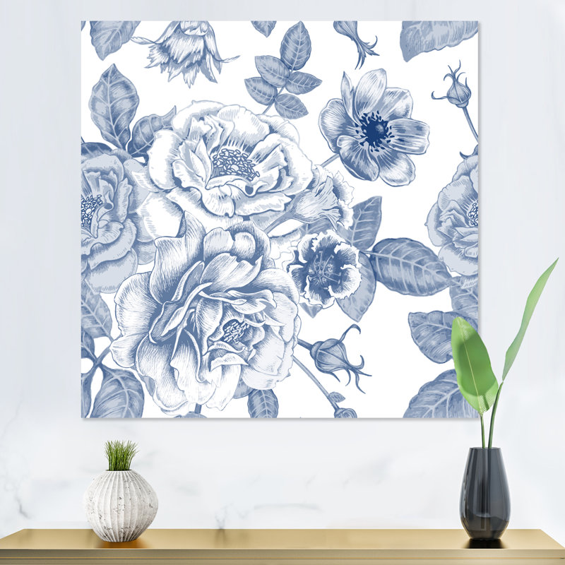 «White Vintage Flowers On Classic Blue II», reproduction d'art sur toile, H 16 po x l 16 po x P 1 po, Toile tendue