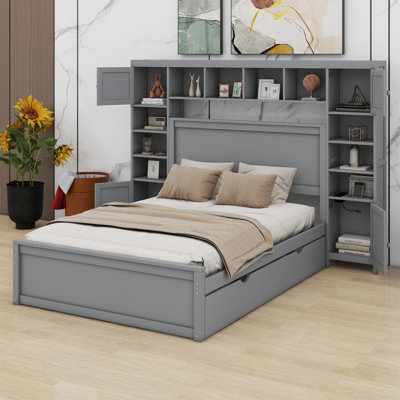 Lit en bois avec armoire, tablette et prises tout-en-un