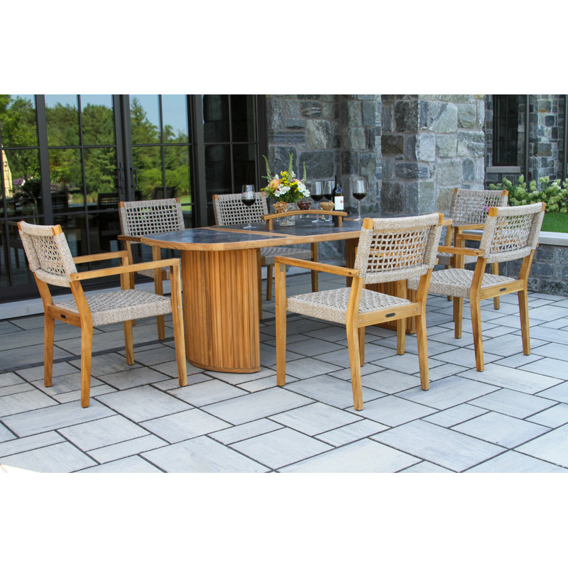 Cava 7 Pc. Teak & Rope Oval Dining Set With Orobico Stone Top, Gray