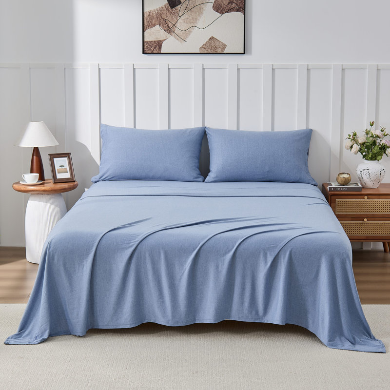Ensemble de draps 4 pièces en jersey de coton chiné Kathy Ireland, Lit double, Bleu clair