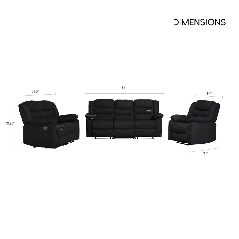 Ensemble de salon inclinable 3 pièces Monchat, Noir