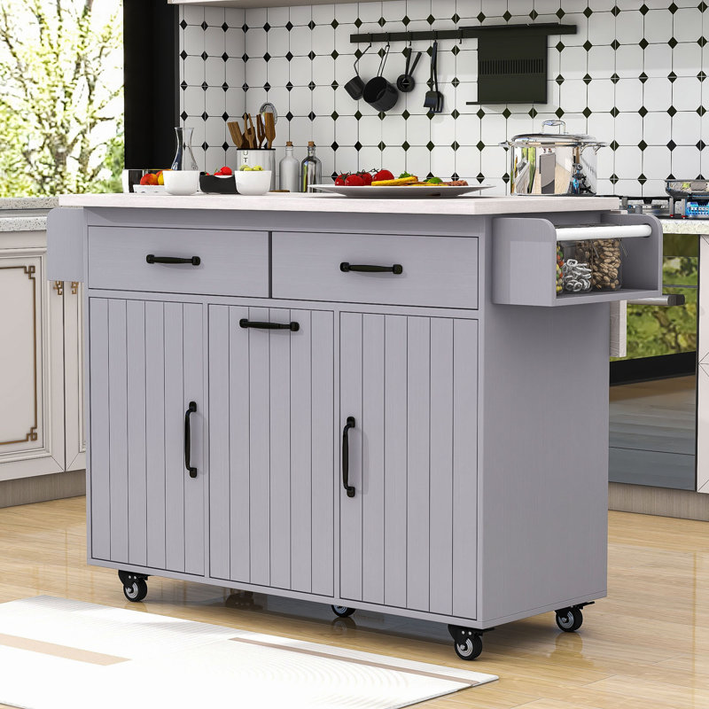 Okeima Kitchen Island Cart with Drop Leaf, Spice and Towel Racks, Trash Can Storage and Rolling Wheels, Cream/Gray