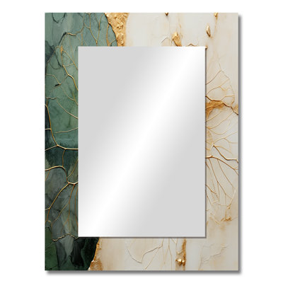 Green Gold Minimalism Poteries I - Abstract Spirals Mirror, Green Unique Wall Mirror, Printed Metal Art