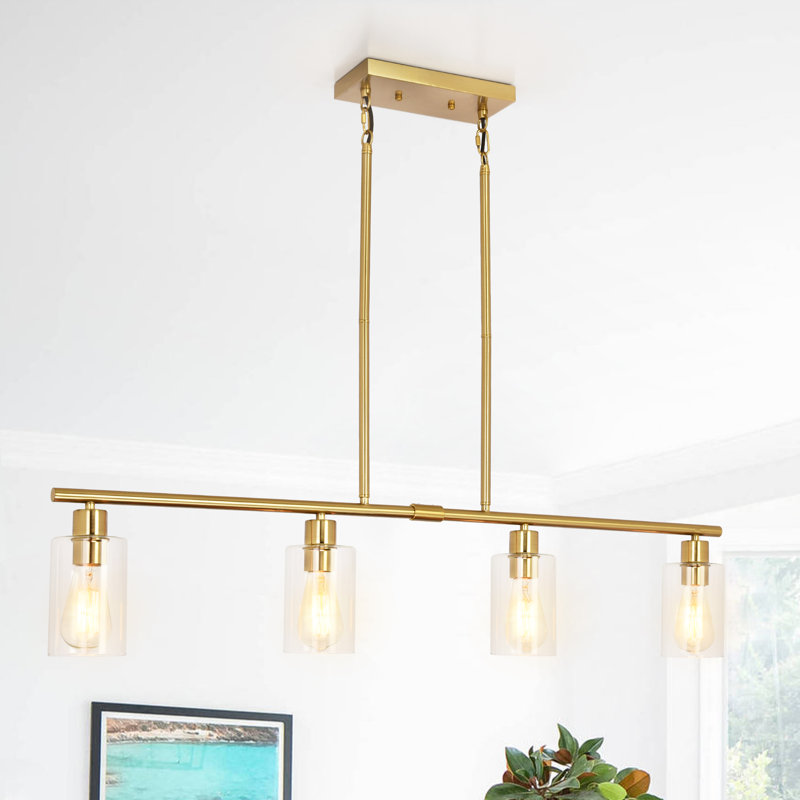 Lustre linéaire moderne à 4 lumières avec abat-jour en verre transparent 43,7 po Delmo, Or