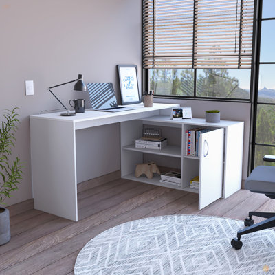 L-Shaped Desk, Single Door Cabinet, Two Open Shelves, Two Interior Shelves