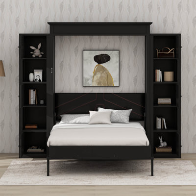 Grand lit escamotable vertical avec tablettes de rangement et lumières DEL, lit escamotable pliable en bois avec tête de lit rembourrée