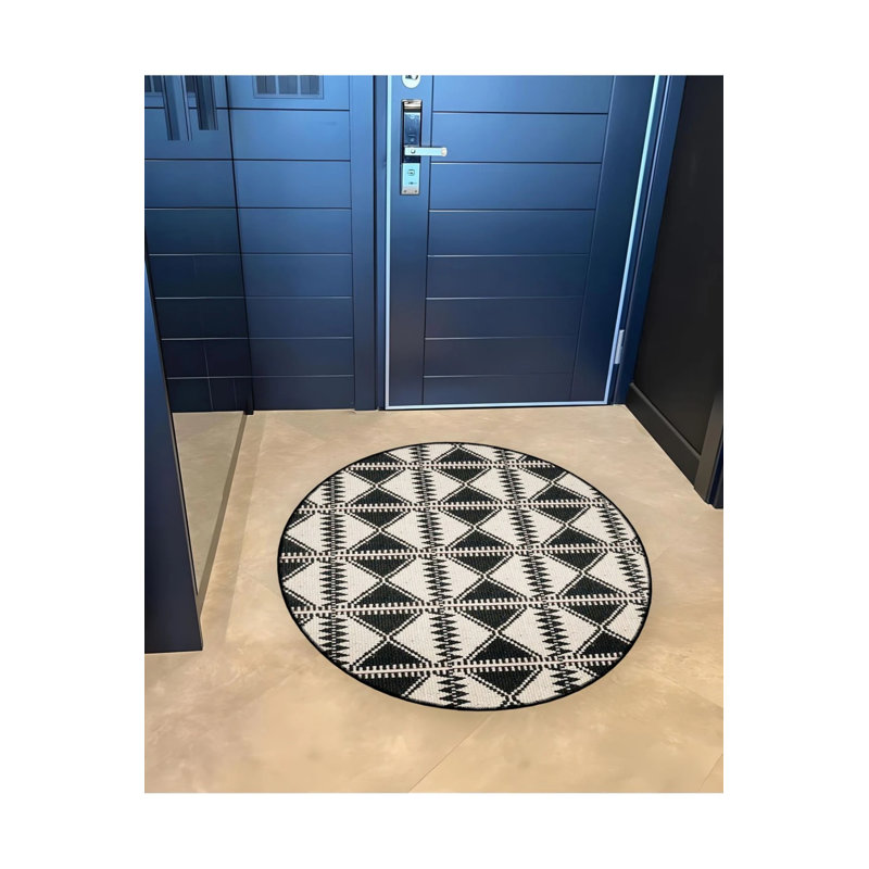 Black And Beige Themed Geometric Patterned Round Woven Base Modern Decorative Carpet, Round 5'