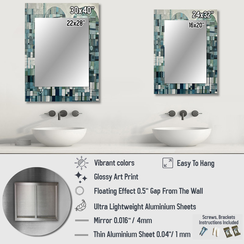 Blue And Green Bohemian Medley - Boho Mosaic Unique Wall Mirror, Blue Mirror, Printed Metal Art, 40" x 30"