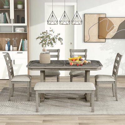 Ensemble de table de salle à manger 6 pièces en bois d'hévéa avec placage en bois massif et coussin moelleux