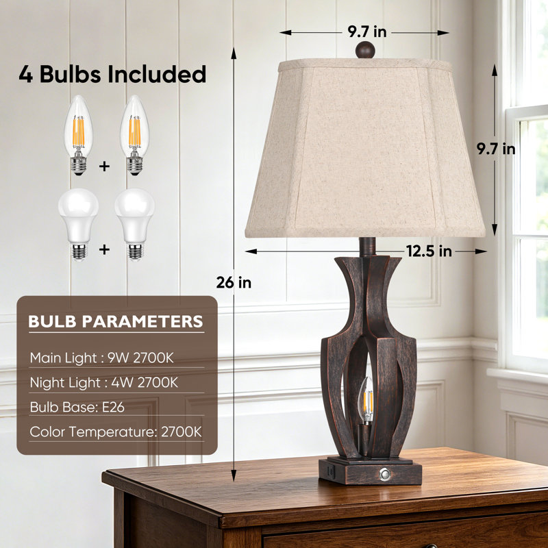 Lampes de table de 26 po avec veilleuse à contrôle tactile à 3 réglages d'intensité, lampes de chevet rustiques avec ports USB A + C pour le salon, 4 ampoules DEL incluses