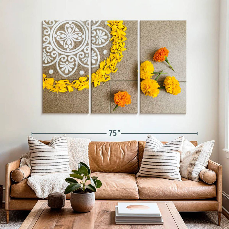 Adella Rangoli avec des soucis, H 42 po x l 65 po