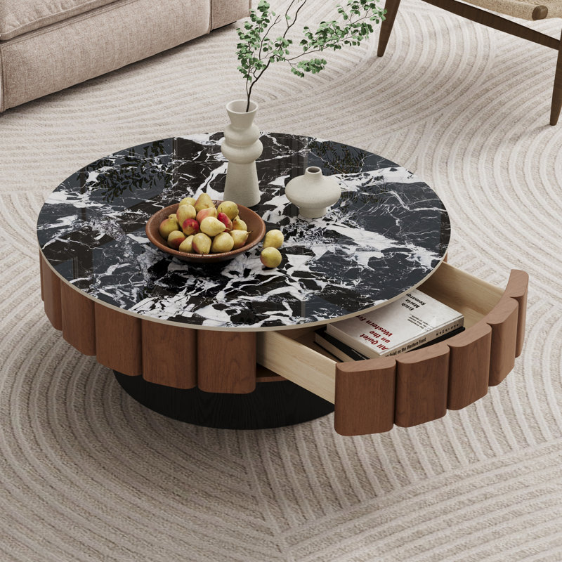 35.4''Round Faux Marble Mid Century Black and Brown Coffee Table for Living Room