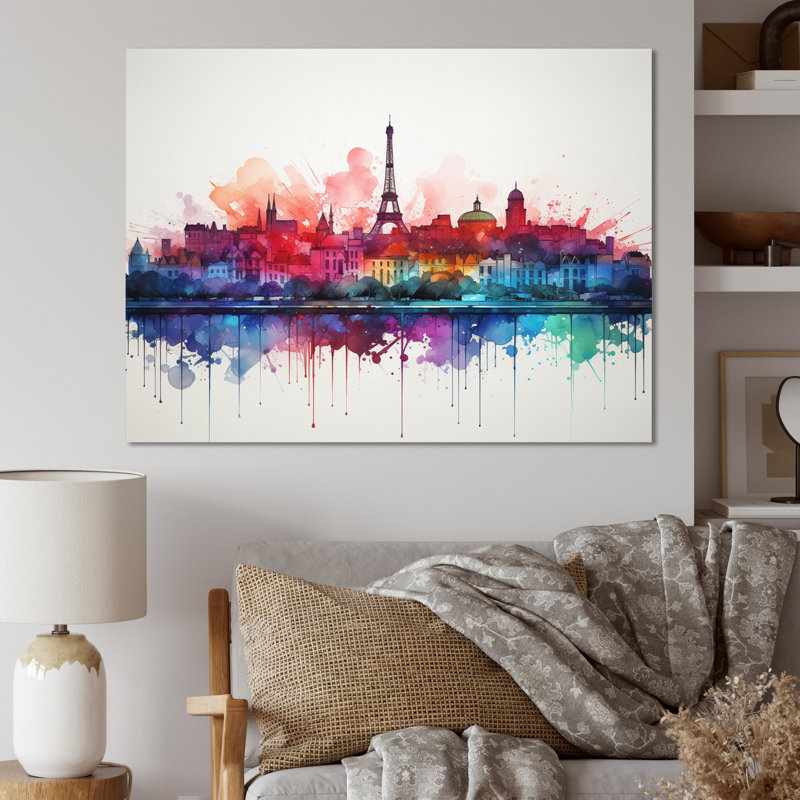 «Paris Skyline Eiffel Tower Vibrant Watercolor», reproduction sur toile, Toile tendue, H 30 po x l 40 po