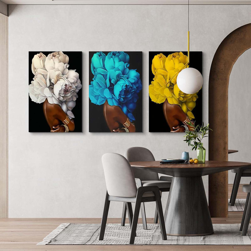 3 Piece Wrapped Canvas Wall Art, Blue/White/Yellow