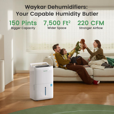 Déshumidificateur Waykar Energy Star de 150 pintes pour 7 000 pieds carrés Pi avec 3 modes, 30 à 80% d'humidité relative, débit d'air plus rapide et plus large, fonctionnement silencieux et tuyau d'évacuation