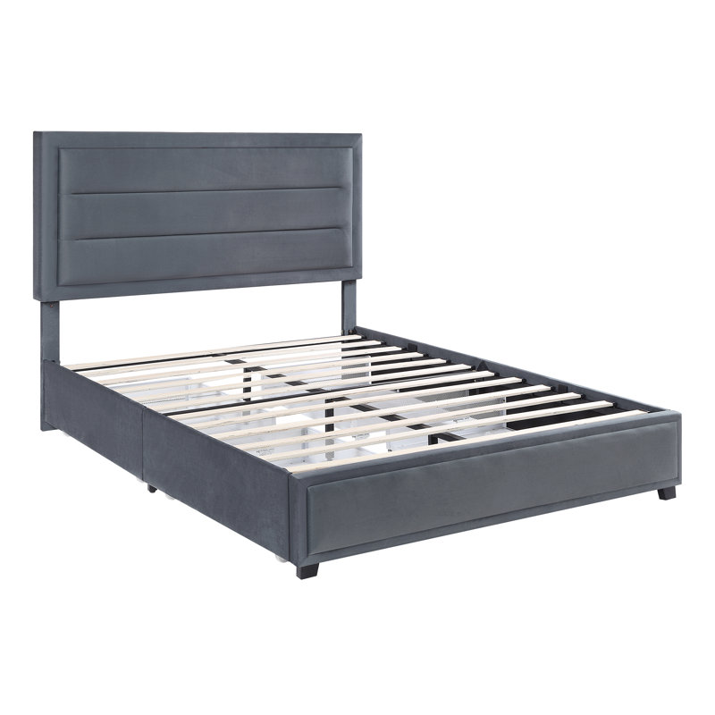 Lit plateforme tapissier avec rangement, Gris, Grand