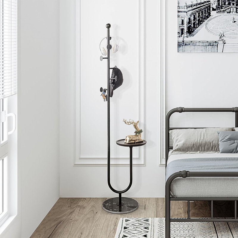 Vertical Coat Rack, Metal Coat Tree, With Bamboo Tray And 6 Hooks, Heavy-Duty Marble Base Corner Coat Rack, Black