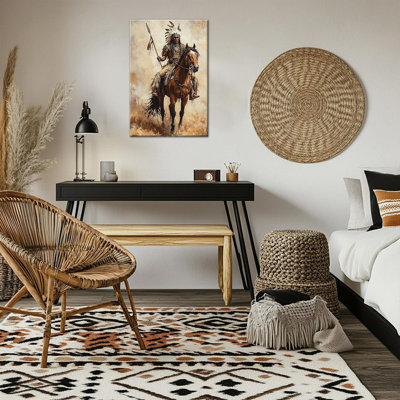 Wall Art Canvas - Indian Warriors On Horseback Pictures Wall Decor For Home, Southwestern Indian Wall Art Canvas Print, Framed Ready To Hang 12×18 Inches