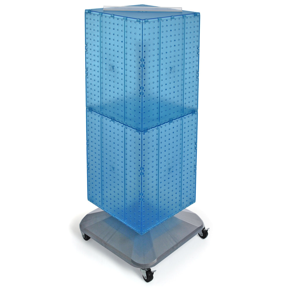 Four-Sided Pegboard Tower Floor Display on Revolving Wheeled Base. Spinner Rack Stand. Panel 