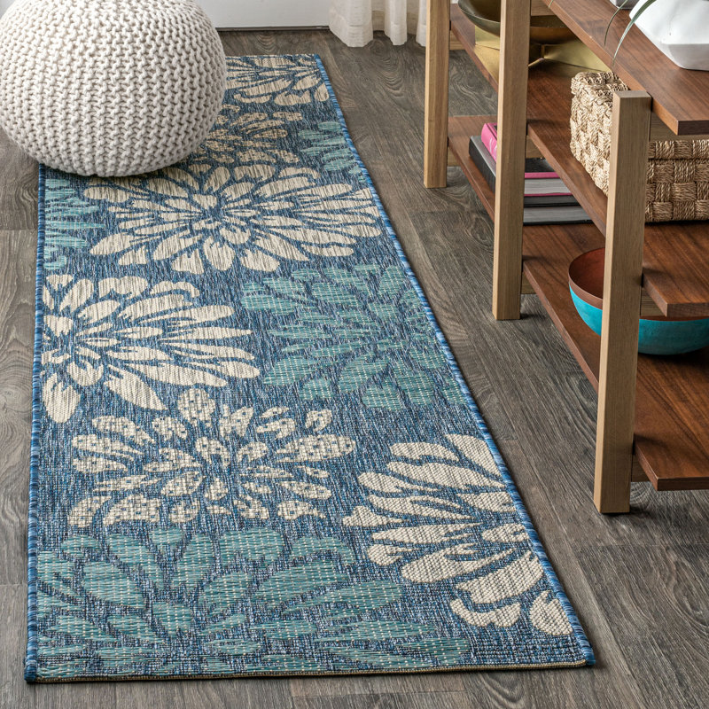 Hagy Modern Floral Textured Weave Navy/Aqua Indoor/Outdoor Rug, Runner 2'2" x 10'