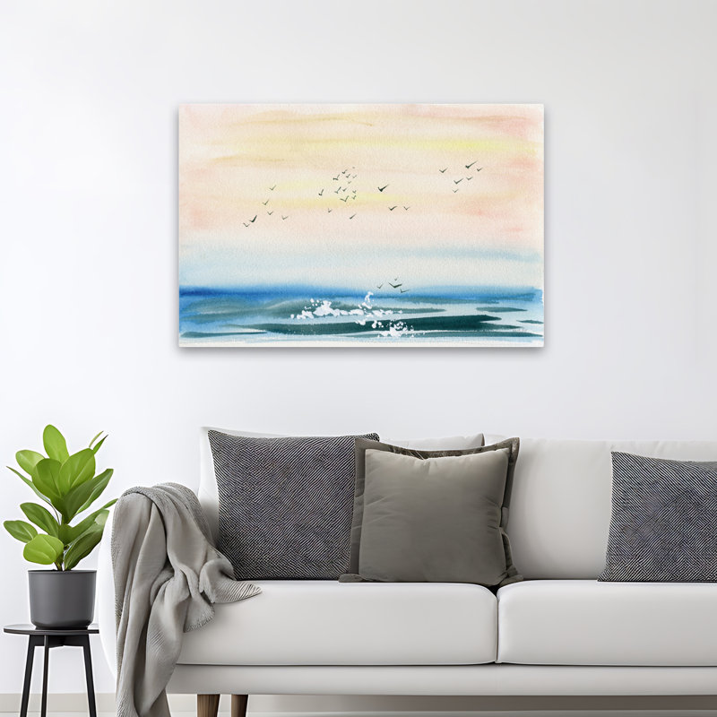 Coucher de soleil sur la côte, bleu, oiseau blanc, côtier, H 48 po x l 32 po