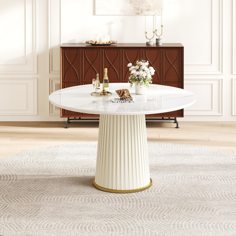 Modern Round Dining Table, Glossy Sintered Stone Top With Pleated PU Leather Iron Pedestal, Adjustable Feet For Dining Room & Negotiation Room