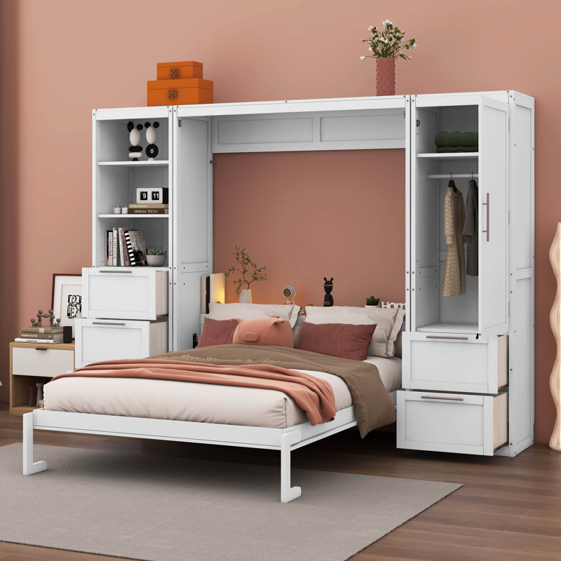 Grand lit escamotable mural avec placard, Blanc