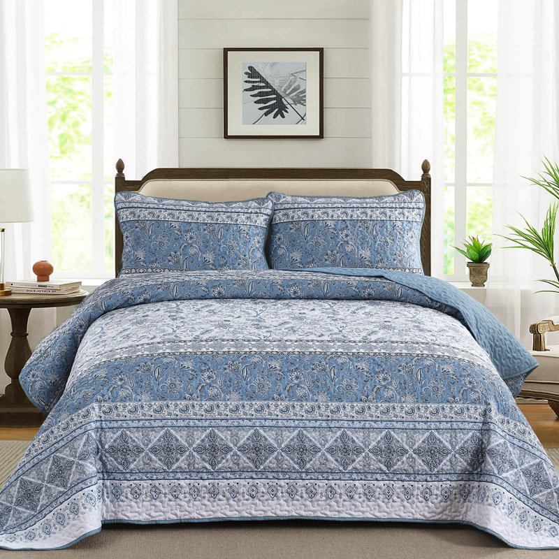 Ensemble de courtepointe 3 pièces à motif floral à motif floral cachemire 3 pièces Boho, Bleu