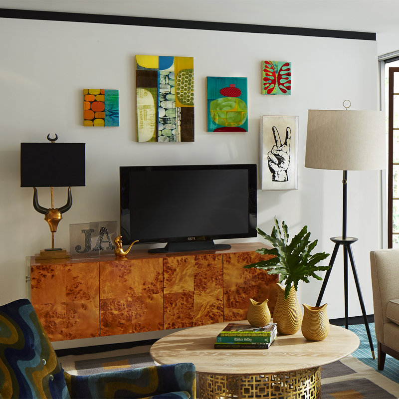 Burled Mappa Wood Credenza with Clear Acrylic Legs and Polished Hardware