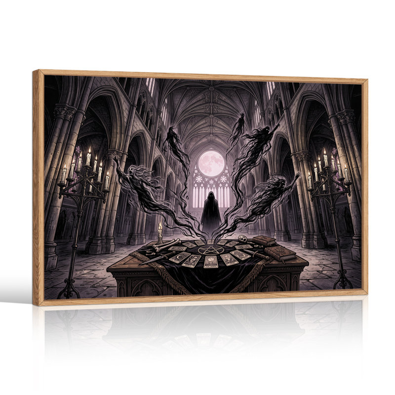 Tableau sur toile représentant un rituel de tarot gothique dans une cathédrale, inspiré des esprits flottants, pour Halloween.
