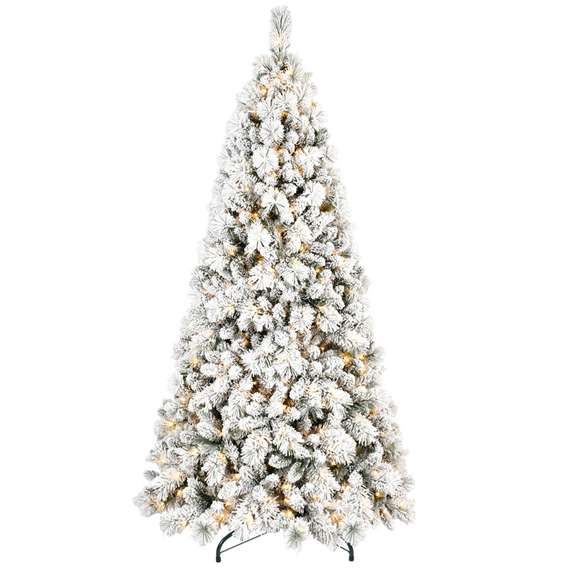 Arbre de Noël floqué de 1252 pointes de 7,5 pi avec 500 lumières à DEL blanc chaud, branches enneigées, assemblage à charnières pour une installation rapide, support en métal pour les fêtes - arbre orné, pointes givrées et aiguille dure