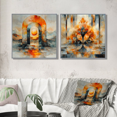 Porte orange orange vers un autre univers I - art mural City Art Deco - décoration murale industrielle 2 pièces