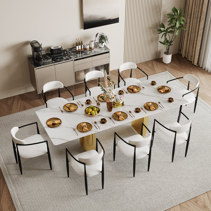 Ensemble de table de salle à manger 9 pièces avec table de salle à manger extensible en fritté de 94,5 po avec 8 chaises en tissu