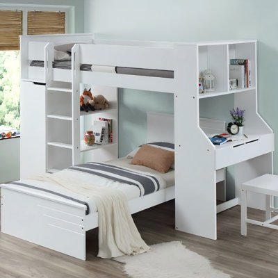 Lit mezzanine blanc double avec bureau et armoire intégrés