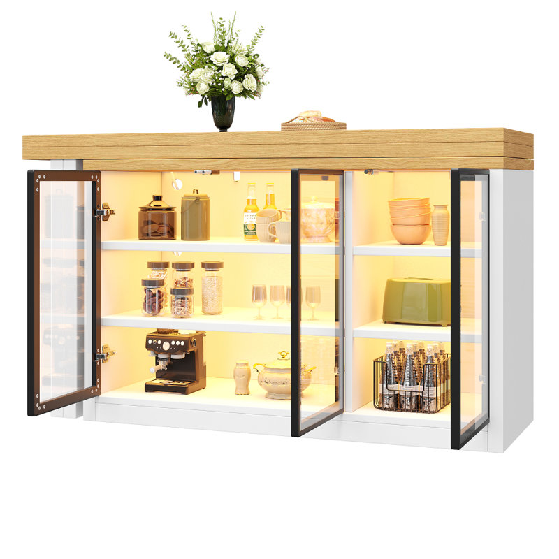 Extendable Sideboard & Dining Table Combo with LED Lighting, Push-to-Open Glass Display Cabinet, Space-Saving Design