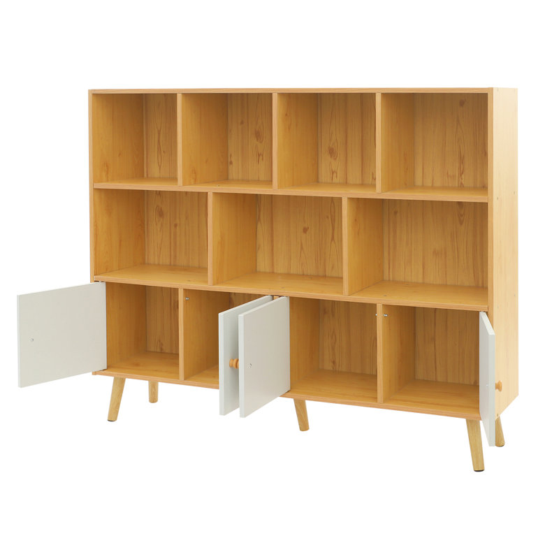 Storage Bookcase, Open Bookshelf With Solid Wood Legs, Standing Open Bookshelf With 11 Compartments, Brown
