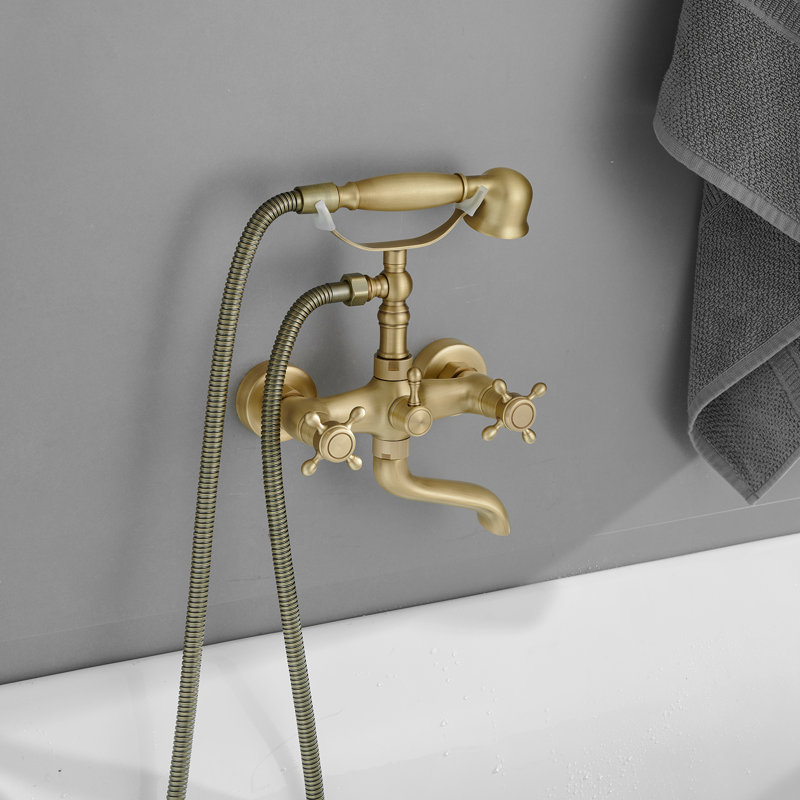 Robinet de baignoire à pattes rétro à 3 poignées avec douche à main en forme de téléphone et robinet à main, Laiton antique