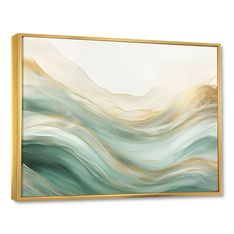 Or et vert, douce vague fusion I - formes abstraites grand art mural, H 34 po x l 44 po, Reproduction avec cadre flottant