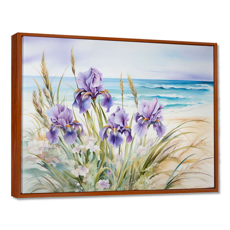 «Mauve iris sur la plage II», reproduction d'art sur toile, H 24 po x l 32 po x P 1 po, Cadre flottant brun
