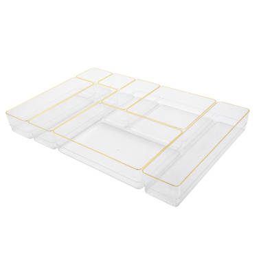 Martha Stewart Kerry Plastic Stackable Office Desk Drawer Organizers, 12 x 3, 6 Pack, with Gold Trim