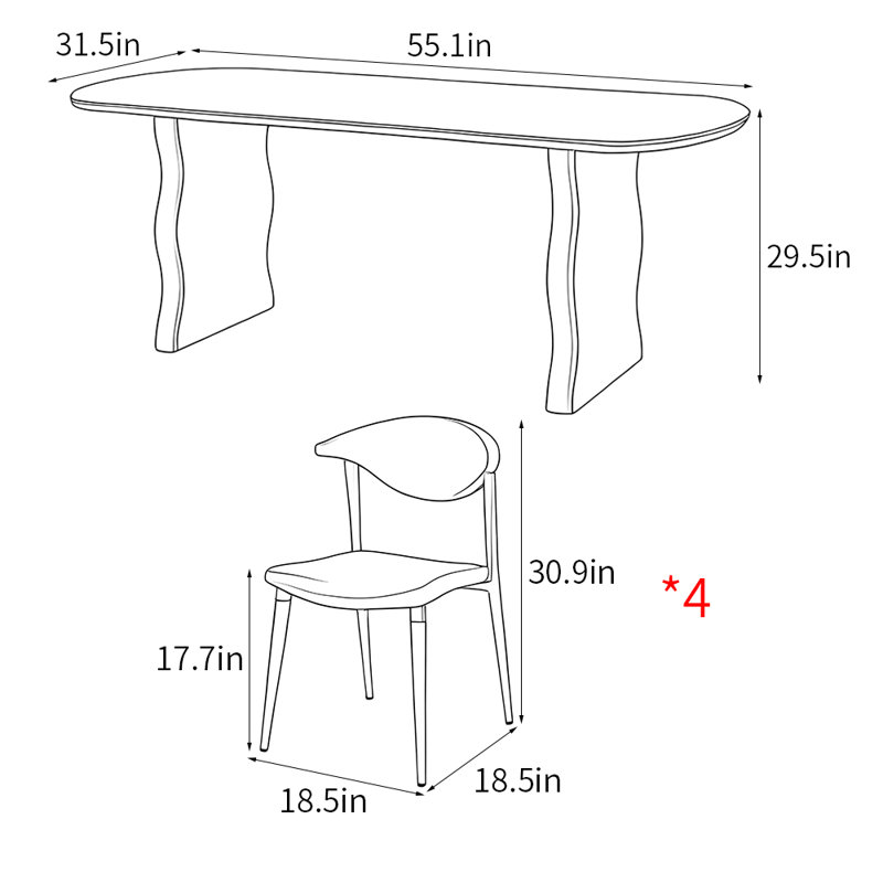 Ensemble de table de salle à manger de style français, H 29,5 po x L 55,1 po x l 31,5 po