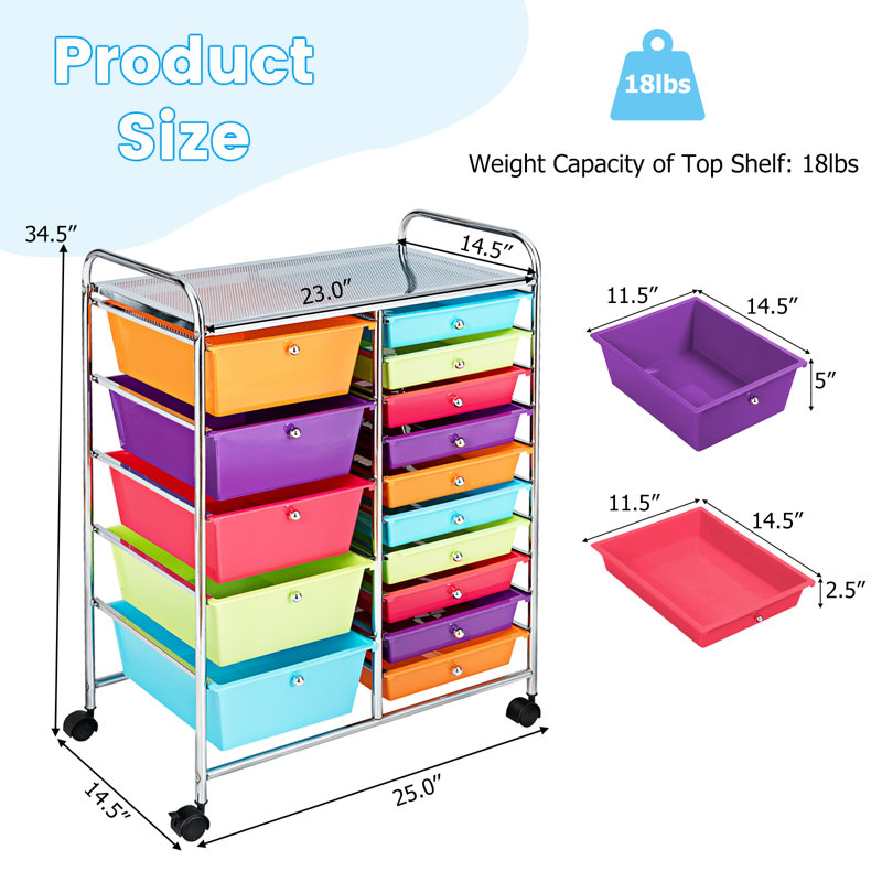 Barksdale 15-Drawer Utility Rolling Organizer Cart, Multicolor