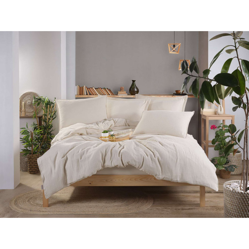 Premium Muslin Double Quilt Cover Set, Cream Color | 100% Cotton, Duvet Cover 78.7 x 86.6 inches, Satin Flat Sheet 94.5 x 102.4 inches, 2 Muslin & 2 Satin Pillowcases | Machine Washable, Elegant & Soft for Cozy Bedrooms