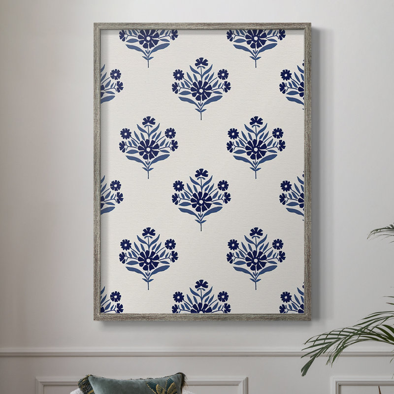 Indigo Bloom Pattern I Framed Print - Solid Wood, 30" H x 24" W